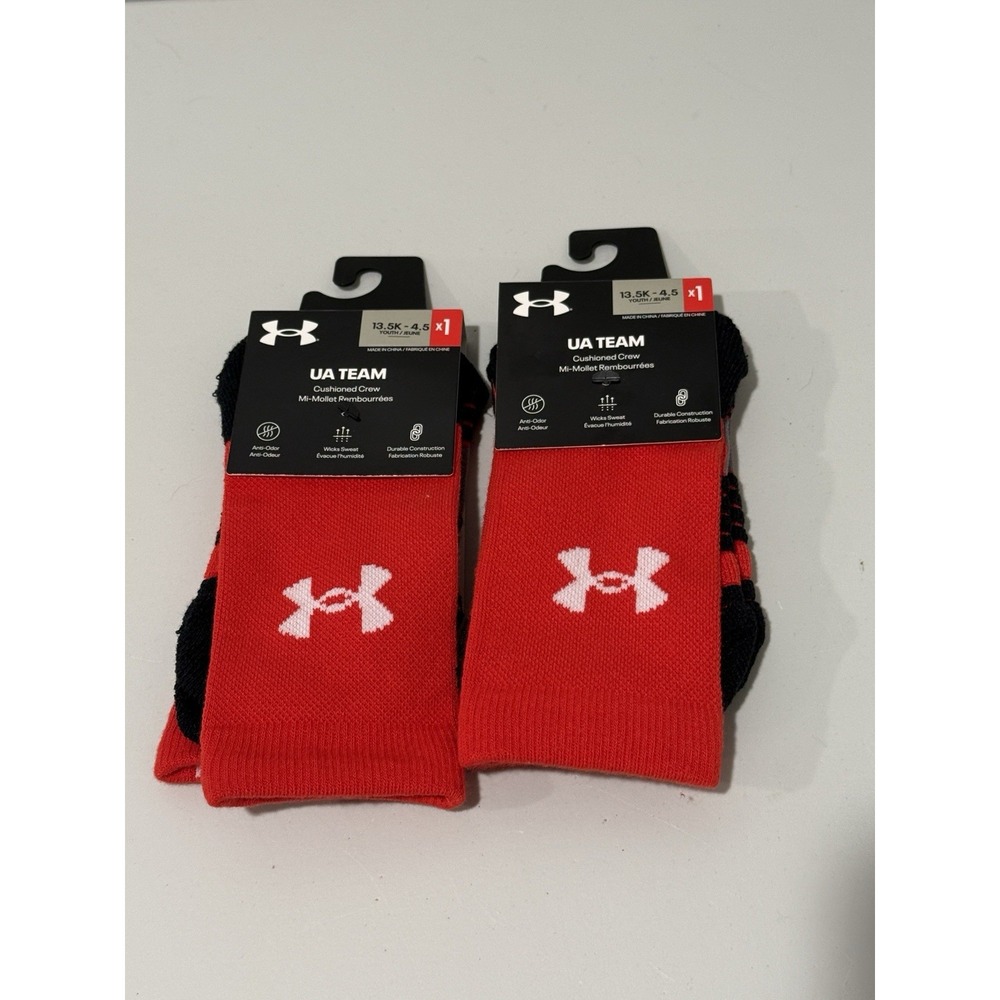 Under Armour Team Crew Socks Red, Size: Youth 13.5-4.5‎ (2 Pairs)